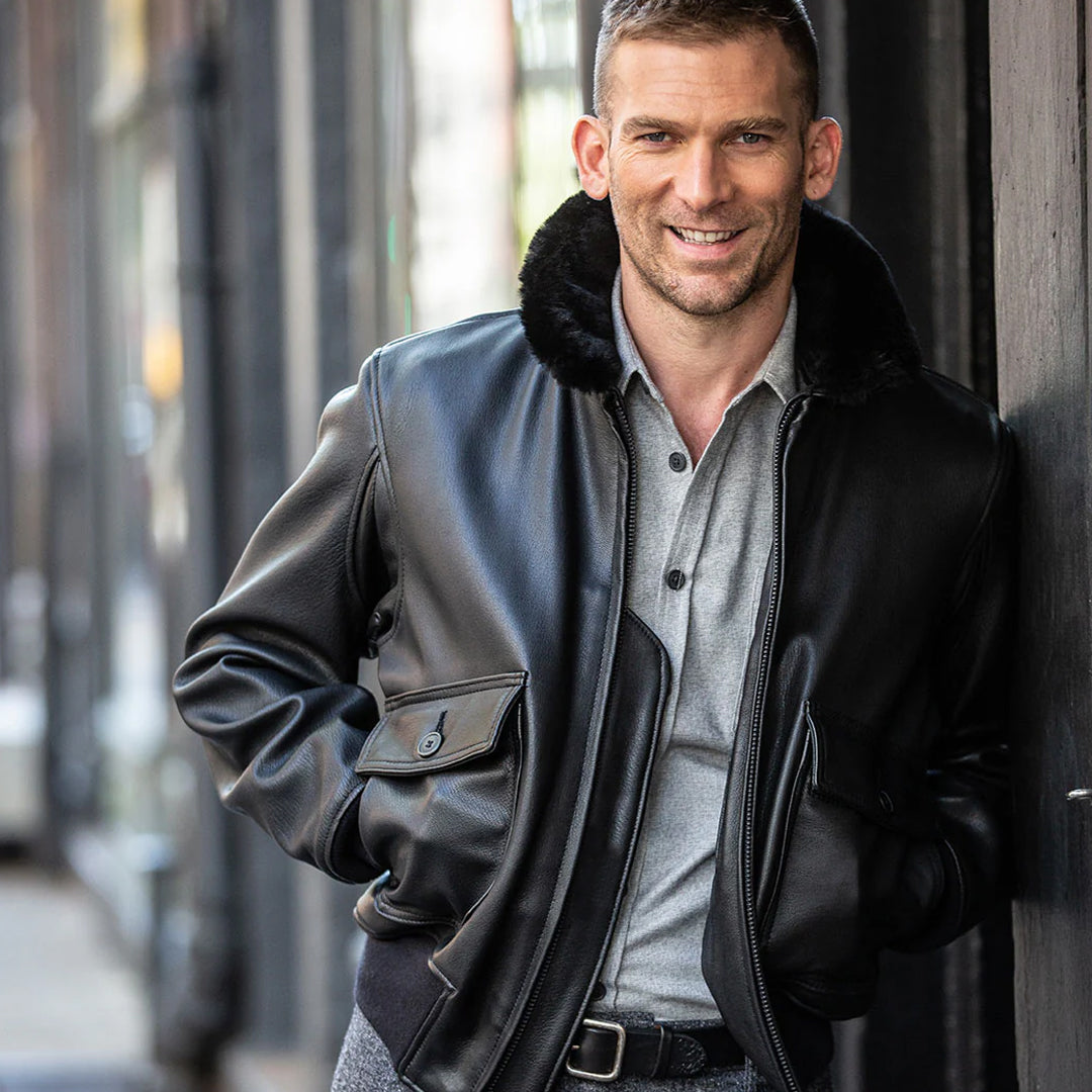 Premium Black Navy G-1 Leather Bomber Flight Jacket